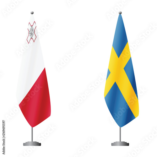 Bild auf Leinwand Malta and Sweden flags on flagpoles for official ceremonies and meetings, transp