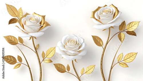 Three white roses featuring gold stems and metallic leaves