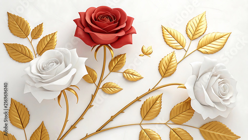 Red and white roses with golden stems and metallic leaves