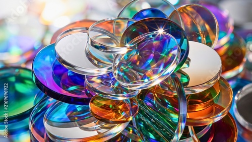 Abstract background of stacked iridescent glass discs with vibrant prismatic light reflections abstract background with flowing shapes and lines