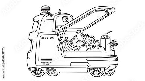 Cartoon delivery vehicle with open trunk white background.