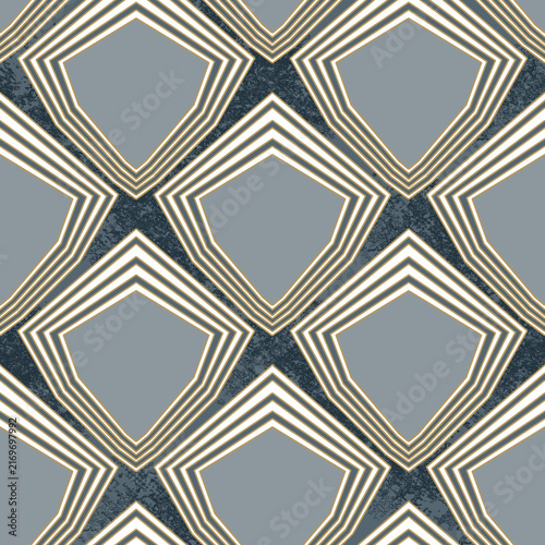 Geometric Seamless Pattern with Retro Diamond and Shield Shapes in Slate Gray and White