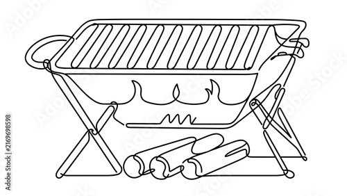 Charcoal grill with fire and logs white background.