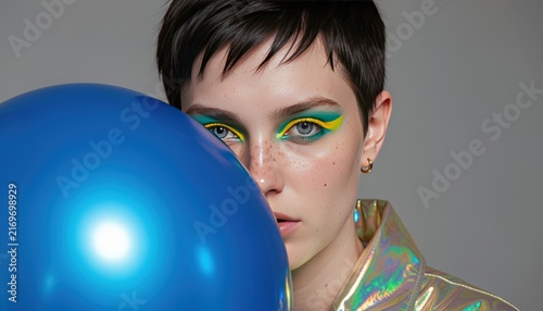 Avant-Garde Fashion Portrait of a Woman with Bold Artistic Makeup and a Glossy Blue Balloon