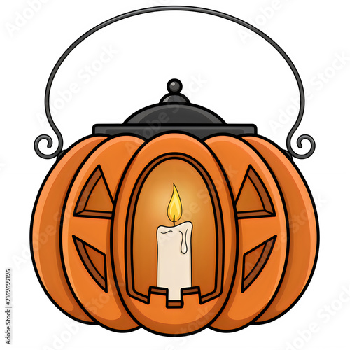 Carved pumpkin lantern with lit candle during autumn evening isolated on transparent background