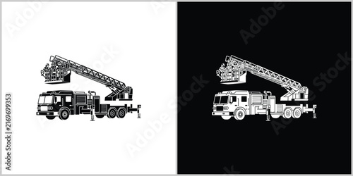 Monochromatic Fire Truck with Aerial Ladder Vector Icon