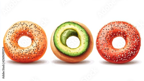 Fresh bagels,smoked salmon bagel ,cream cheese bagel,avocadobagel,sesame,menu,banner,branding,Bakery brunch time,healthy food,wellness care concept.