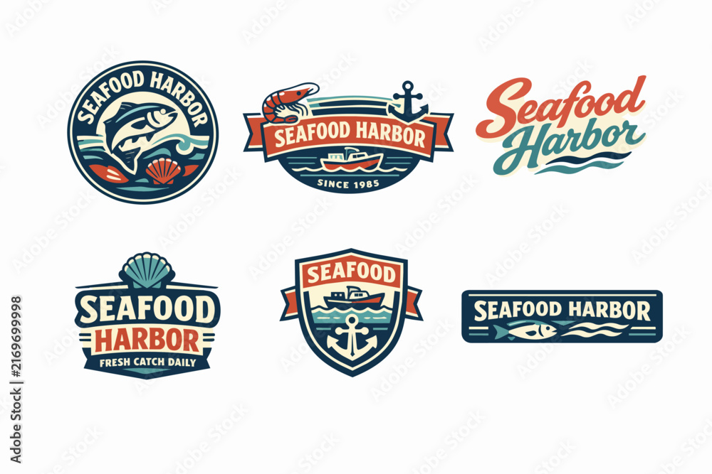 Naklejka premium Collection of vintage retro style seafood harbor logos, emblems, badges, and designs for restaurant and fishing businesses