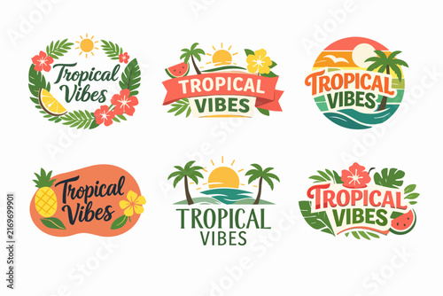 Tropical vibes emblem collection with palm trees, beach, sun, hibiscus and exotic fruits for summer holiday travel design