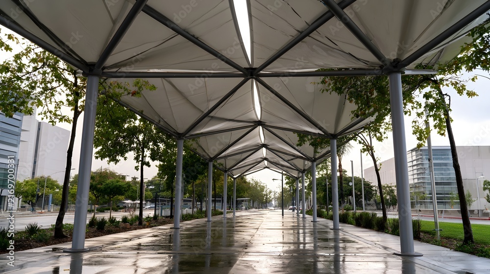 Fototapeta premium A covered walkway with a geometric canopy shelters a wet pavement lined with trees and modern buildings under soft daylight