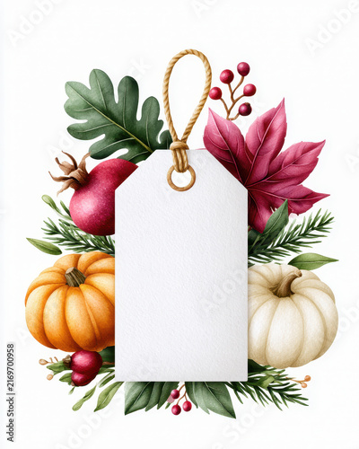 Blank tag with rope surrounded by autumn leaves, pumpkins, and berries, creating warm and festive fall decoration
