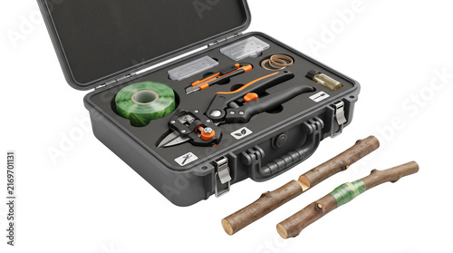 Canvas Print Professional gardening grafting tool kit inside a protective carry case for nurs
