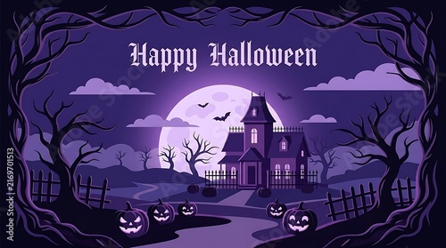 Halloween creepy castle background with full moon and trees halloween background cemetery illustration