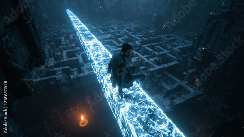 Man Sitting on Glowing Path Above Dark Labyrinth