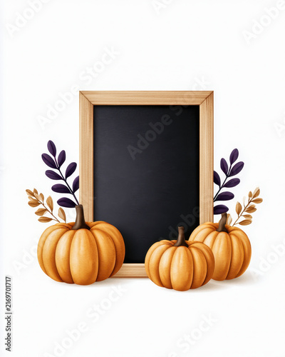 Blackboard with wooden frame and orange pumpkin decoration with purple and brown leaves for autumn or Halloween theme