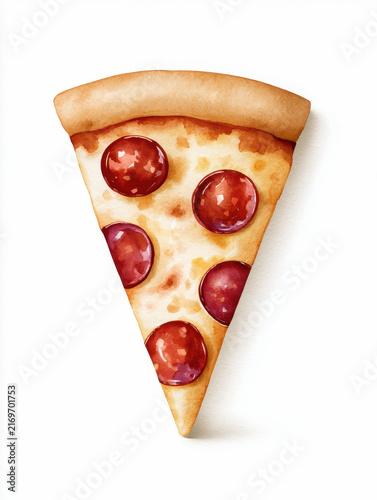 Pepperoni pizza slice with golden crust and melted cheese, delicious and appetizing food illustration in watercolor style