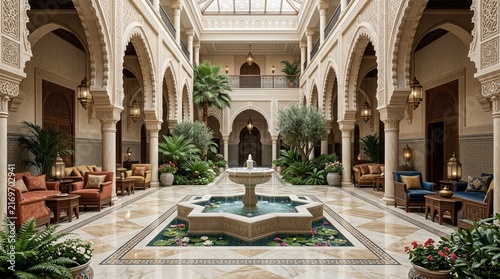 Luxury Moroccan Courtyard Interior with Fountain and Arches