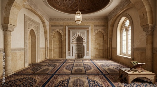 Ornate Islamic Mosque Interior with Prayer Rugs and Mihrab