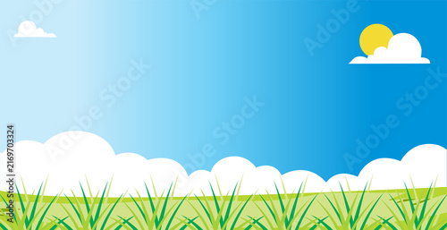 Minimalist blue sky background with fluffy white clouds and a bright yellow sun overlooking vibrant green grass blades.
