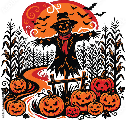 Halloween witch silhouette cackling over glowing carved pumpkins in cornfield vector illustration