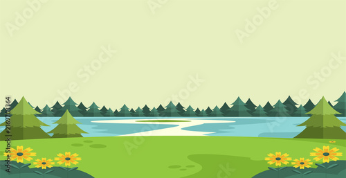 Serene lakeside landscape featuring pine tree forest and yellow wildflowers on a lush green lawn under soft yellow sky.