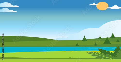 Cartoon landscape with green hills, blue river, clouds, and bright sun on clear sky for children's books and games.