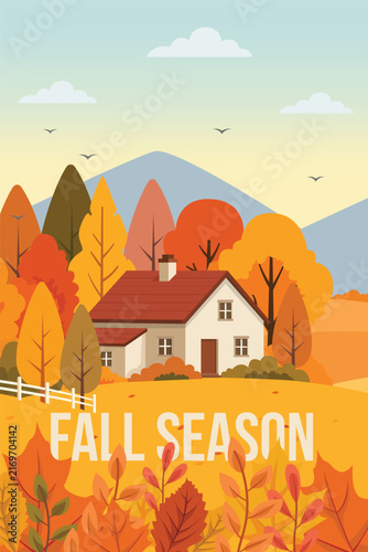 Fall Season Cozy Countryside Farmhouse Flat Vector Illustration