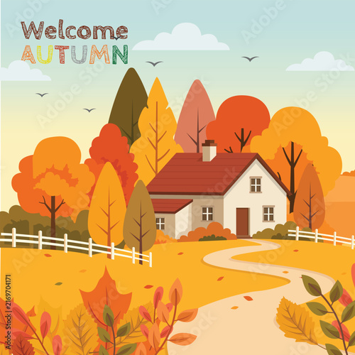 Welcome Autumn Rural Farmhouse Winding Path Flat Vector Illustration