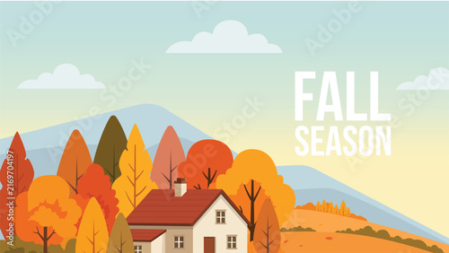 Fall Season Autumn Landscape Web Banner Flat Vector Illustration