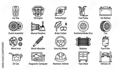 Auto Mechanic Workshop and Car Component Outline Icons