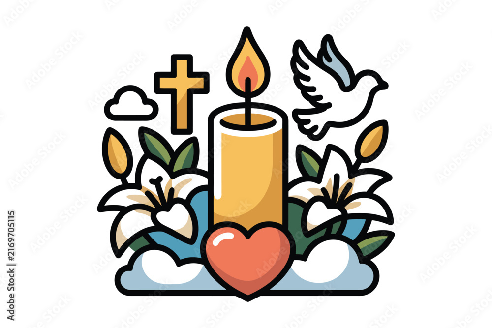 Obraz premium Christian religious vector illustration of burning candle cross white dove lily and red heart