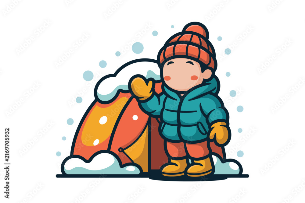 Obraz premium Cute cartoon boy waving next to an orange winter camping tent in a heavy snowfall vector