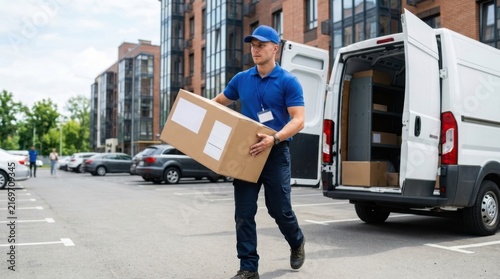 Delivery worker carrying large cardboard box to white van in urban setting