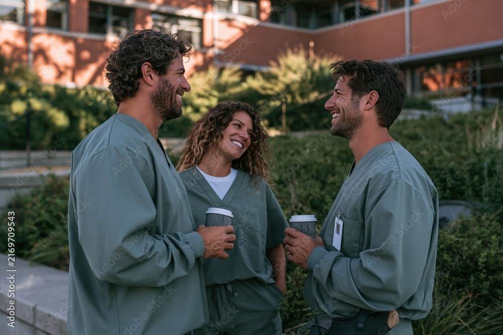 Naklejka premium Healthcare workers in sage green scrubs talking during a break with takeaway cups, natural and grounded scene outside a clinic for workplace wellbeing