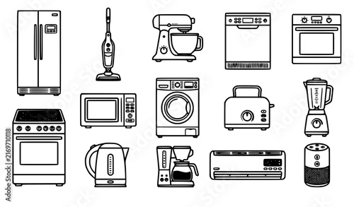 Home appliances kitchen electronics and domestic technology black vector icon collection