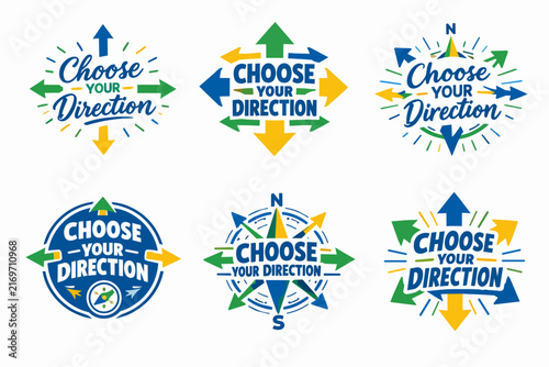 Choose your direction logotypes expressing themes of pathfinding, strategic decision, new opportunities, and guidance, with arrows pointing in multiple directions