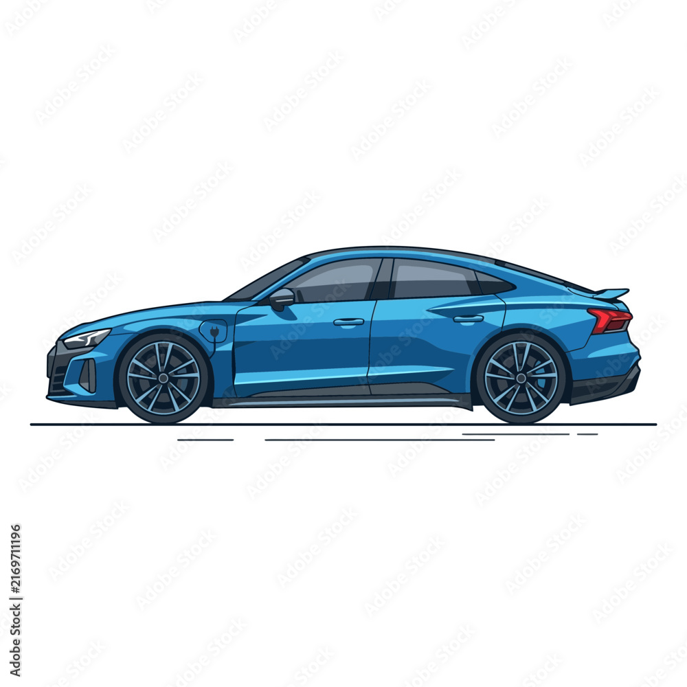 Naklejka premium Blue Electric Sedan Car Isolated on White Background, Side View