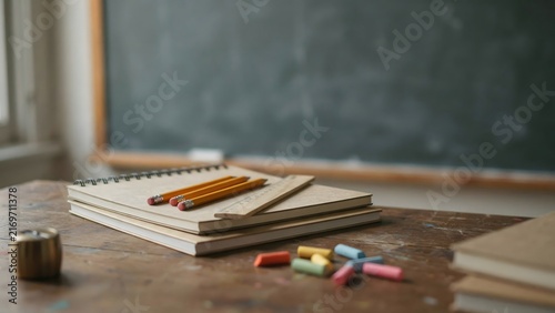 Classroom still life with wooden desk stacked notebooks and chalk – Suitable for teacher appreciation, school supplies marketing, or study guides.