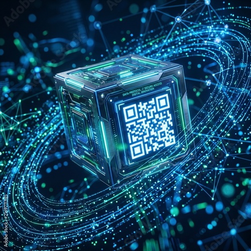 Qr code on futuristic digital device in space