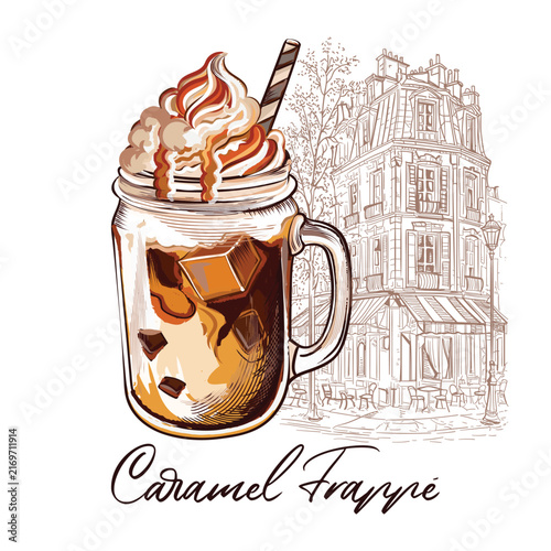 Caramel Vector illustration of Iced Coffee with Whipped Cream