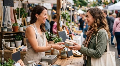 A smiling female vendor hands a small, gift-wrapped item to a happy female customer at an outdoor market stall filled with handmade crafts and organic goods.