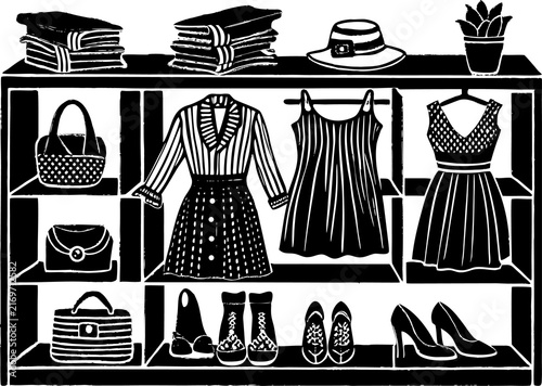 Canvas Print Thrifted fashion treasures arranged beautifully on shelves