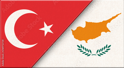 Obraz na plátně Double flag of Turkey and Cyprus on fabric texture - 3D illustration