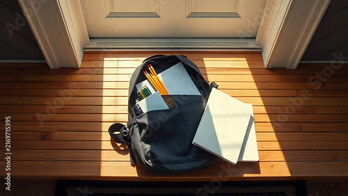 Open backpack with pencils, notebooks, lunchbox on sunlit doorstep, back to school scene