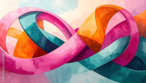 Colorful abstract 3D ribbons interlocking on a soft background