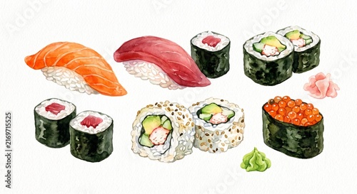 watercolor illustration of a traditional Japanese sushi set featuring fresh salmon, tuna, and shrimp nigiri, spicy maki rolls, wasabi, ginger, and chopsticks 