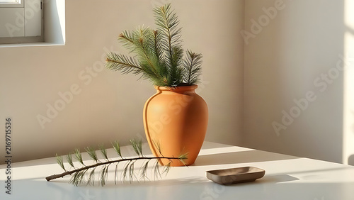 Terracotta urn with pine branches, stone dish, minimalist home decor still life