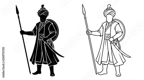 Obraz na plátne Silhouette of a warrior with spear and scimitar black and white illustration