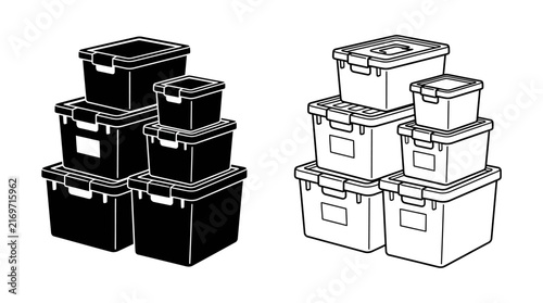 Stacked storage containers illustration black and white line art depiction