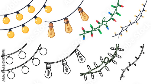 String lights illustration with yellow brown and colorful bulbs on white background